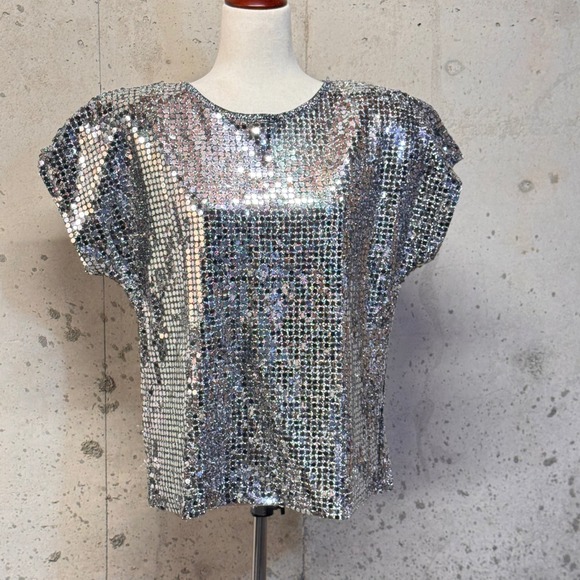 Norton McNaughton Tops - Norton McNaughton Sequin Top Womens 10 Silver Disco Glam Retro 80s Sparkle